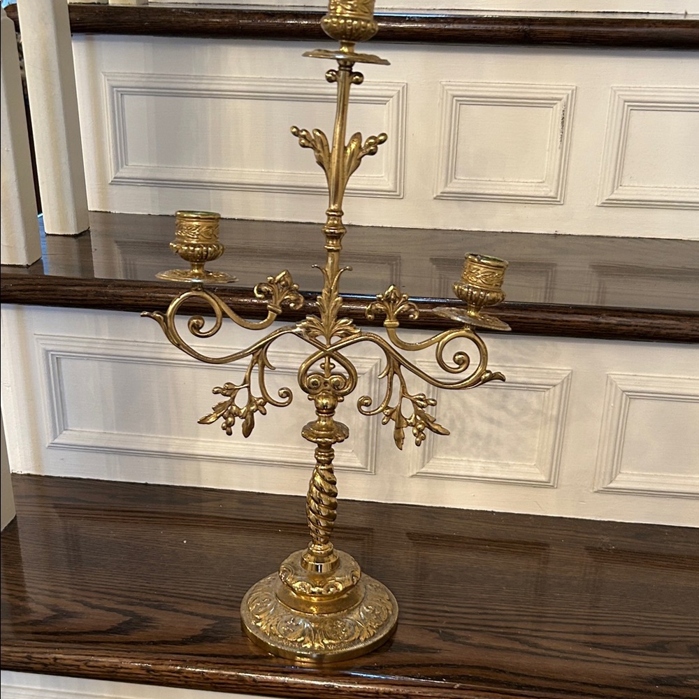 Ornate Gold Metal Vintage Candelabra - 3-Arm Decorative Candle Holder